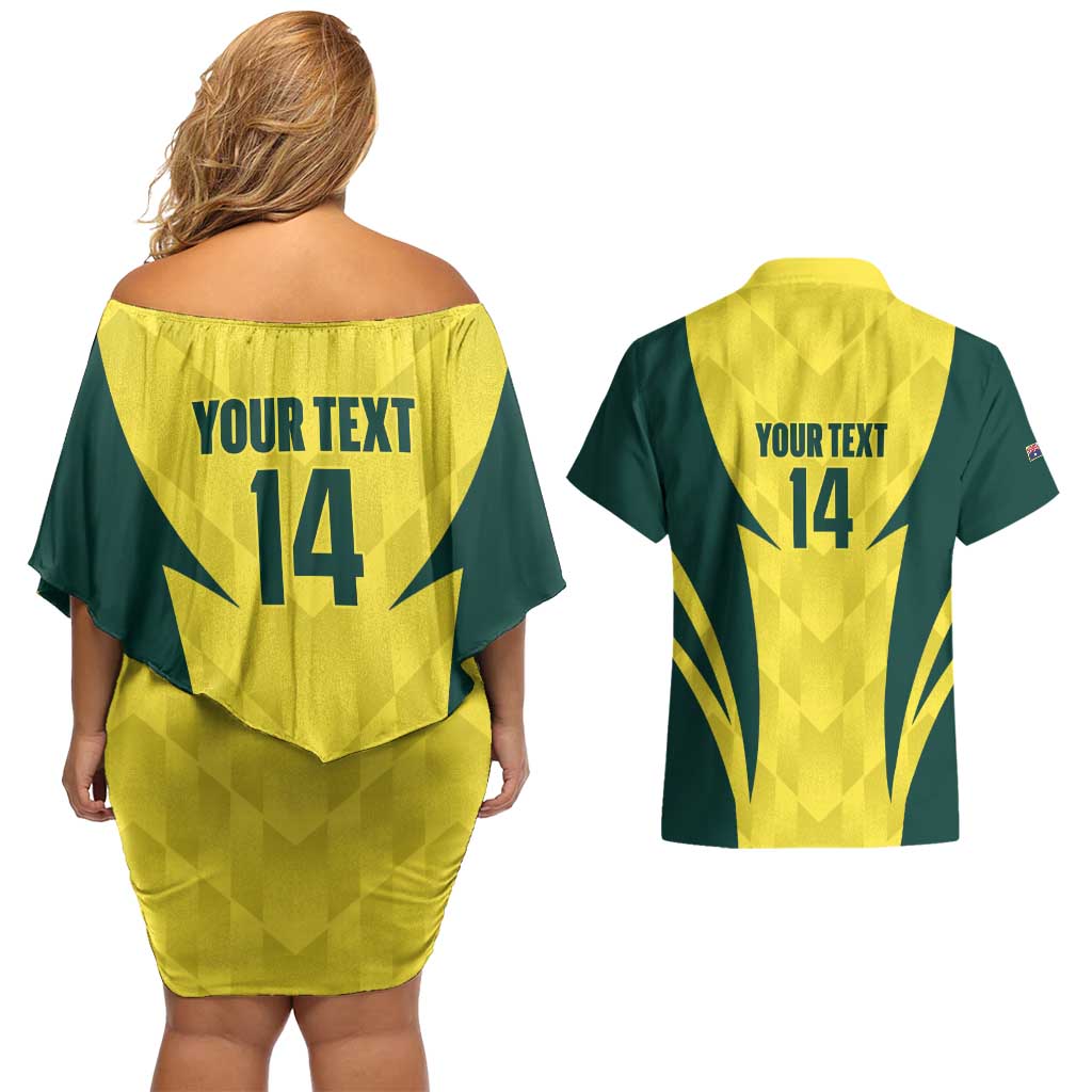 Australia Cricket Custom Couples Matching Off Shoulder Short Dress and Hawaiian Shirt Go Aussie Dynamic Yellow - Aussie Hoodie