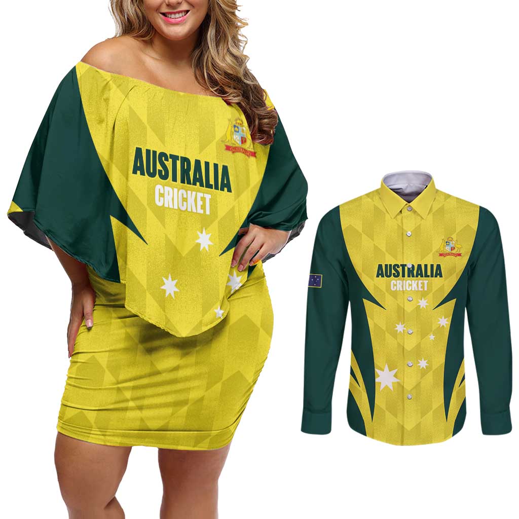 Australia Cricket Custom Couples Matching Off Shoulder Short Dress and Long Sleeve Button Shirt Go Aussie Dynamic Yellow - Aussie Hoodie