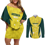 Australia Cricket Custom Couples Matching Off Shoulder Short Dress and Long Sleeve Button Shirt Go Aussie Dynamic Yellow - Aussie Hoodie