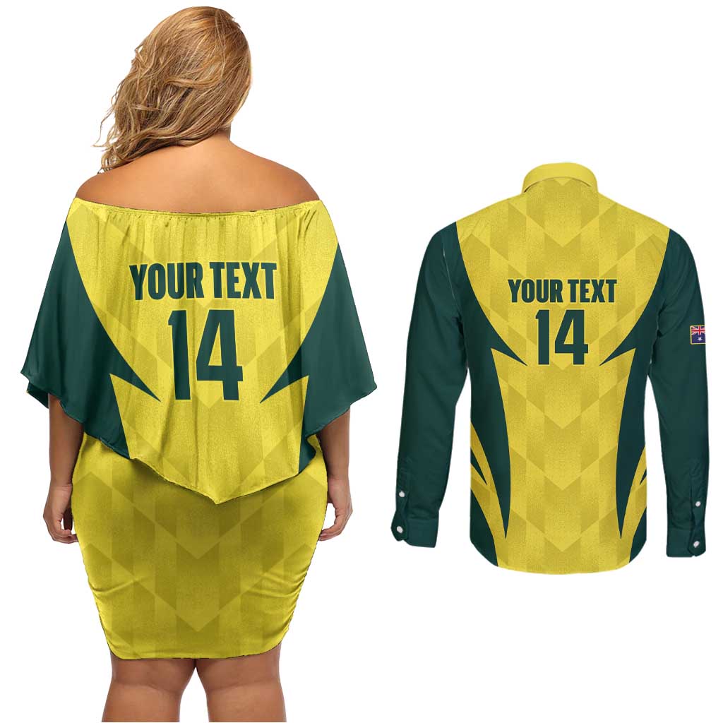 Australia Cricket Custom Couples Matching Off Shoulder Short Dress and Long Sleeve Button Shirt Go Aussie Dynamic Yellow - Aussie Hoodie