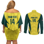 Australia Cricket Custom Couples Matching Off Shoulder Short Dress and Long Sleeve Button Shirt Go Aussie Dynamic Yellow - Aussie Hoodie