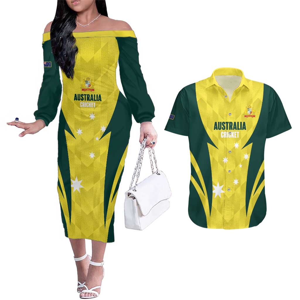 Australia Cricket Custom Couples Matching Off The Shoulder Long Sleeve Dress and Hawaiian Shirt Go Aussie Dynamic Yellow - Aussie Hoodie