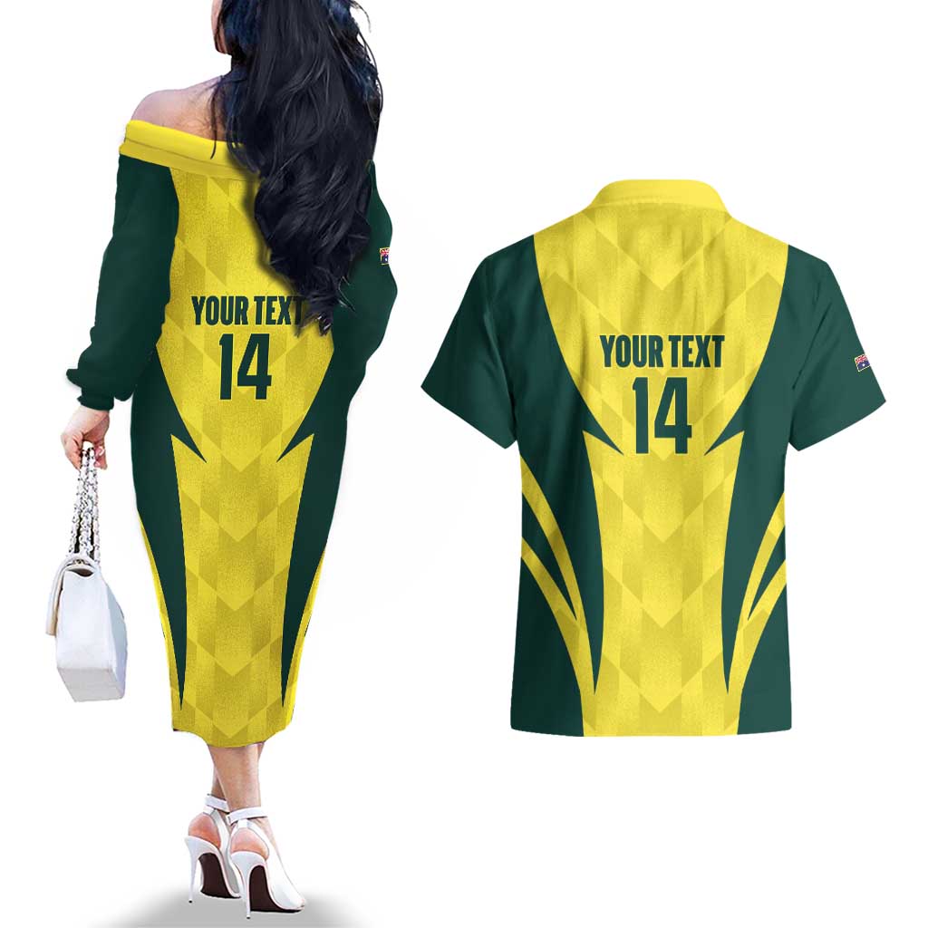 Australia Cricket Custom Couples Matching Off The Shoulder Long Sleeve Dress and Hawaiian Shirt Go Aussie Dynamic Yellow - Aussie Hoodie
