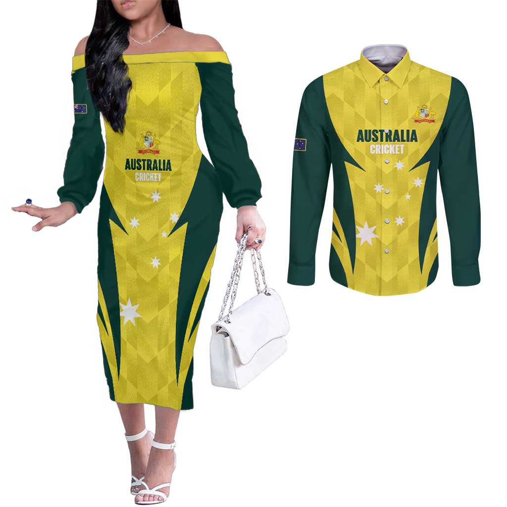 Australia Cricket Custom Couples Matching Off The Shoulder Long Sleeve Dress and Long Sleeve Button Shirt Go Aussie Dynamic Yellow - Aussie Hoodie