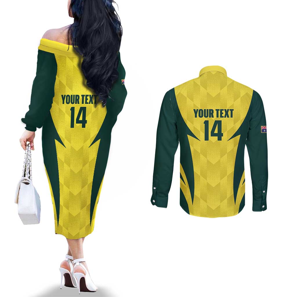 Australia Cricket Custom Couples Matching Off The Shoulder Long Sleeve Dress and Long Sleeve Button Shirt Go Aussie Dynamic Yellow - Aussie Hoodie
