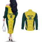 Australia Cricket Custom Couples Matching Off The Shoulder Long Sleeve Dress and Long Sleeve Button Shirt Go Aussie Dynamic Yellow - Aussie Hoodie