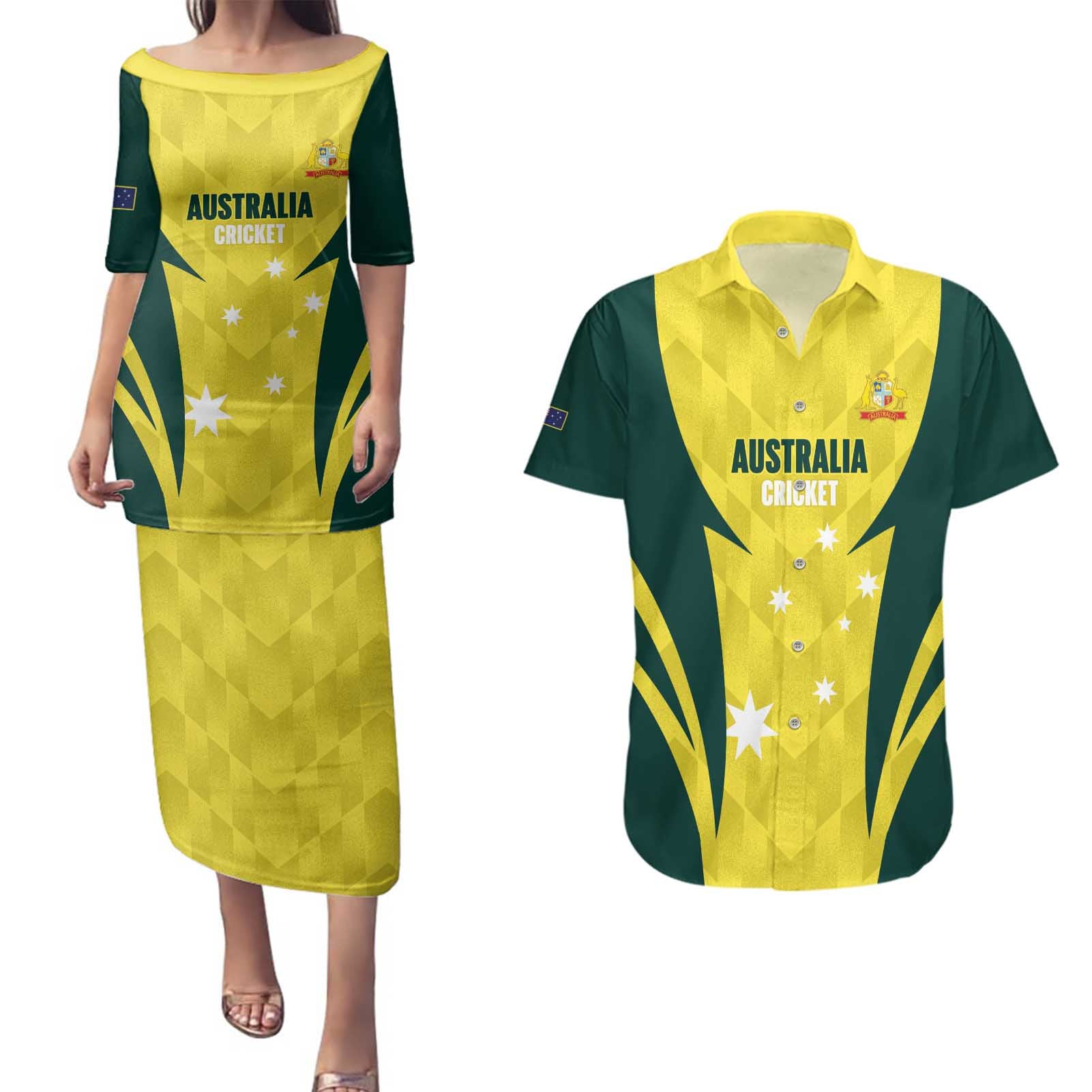 Australia Cricket Custom Couples Matching Puletasi and Hawaiian Shirt Go Aussie Dynamic Yellow - Aussie Hoodie