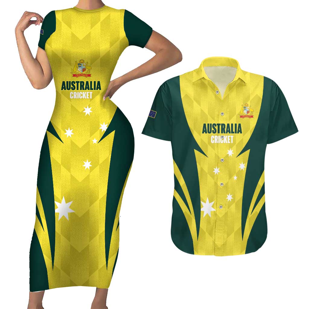 Australia Cricket Custom Couples Matching Short Sleeve Bodycon Dress and Hawaiian Shirt Go Aussie Dynamic Yellow - Aussie Hoodie