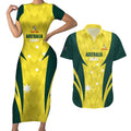 Australia Cricket Custom Couples Matching Short Sleeve Bodycon Dress and Hawaiian Shirt Go Aussie Dynamic Yellow - Aussie Hoodie