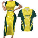Australia Cricket Custom Couples Matching Short Sleeve Bodycon Dress and Hawaiian Shirt Go Aussie Dynamic Yellow - Aussie Hoodie