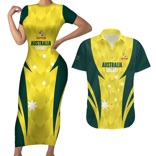 Australia Cricket Custom Couples Matching Short Sleeve Bodycon Dress and Hawaiian Shirt Go Aussie Dynamic Yellow - Aussie Hoodie