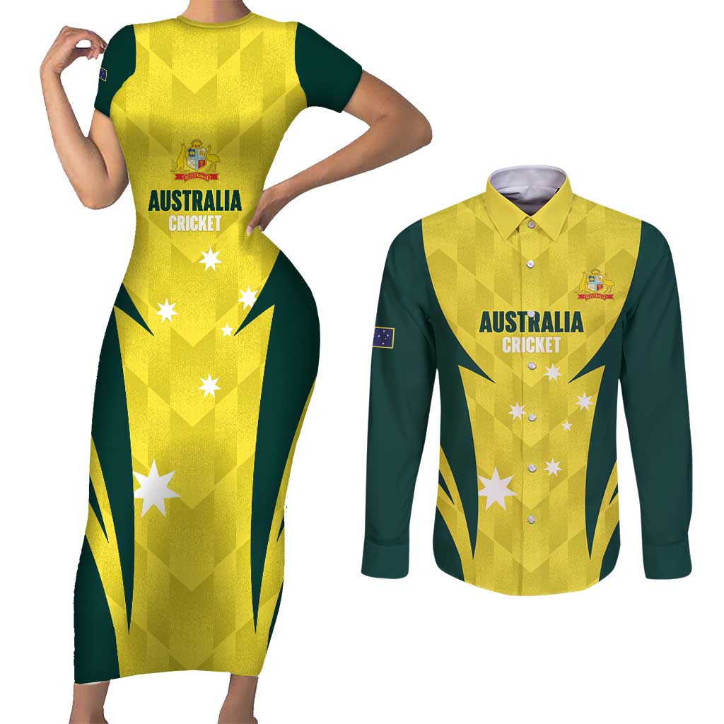 Australia Cricket Custom Couples Matching Short Sleeve Bodycon Dress and Long Sleeve Button Shirt Go Aussie Dynamic Yellow - Aussie Hoodie