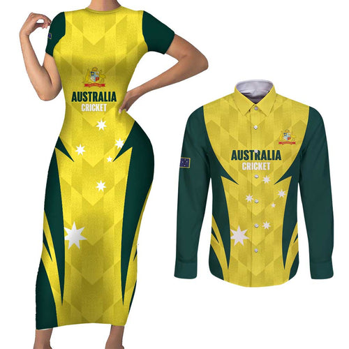 Australia Cricket Custom Couples Matching Short Sleeve Bodycon Dress and Long Sleeve Button Shirt Go Aussie Dynamic Yellow - Aussie Hoodie