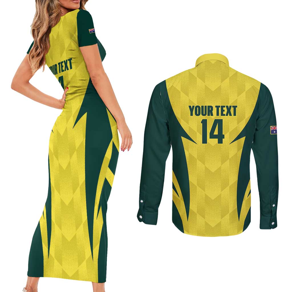 Australia Cricket Custom Couples Matching Short Sleeve Bodycon Dress and Long Sleeve Button Shirt Go Aussie Dynamic Yellow - Aussie Hoodie