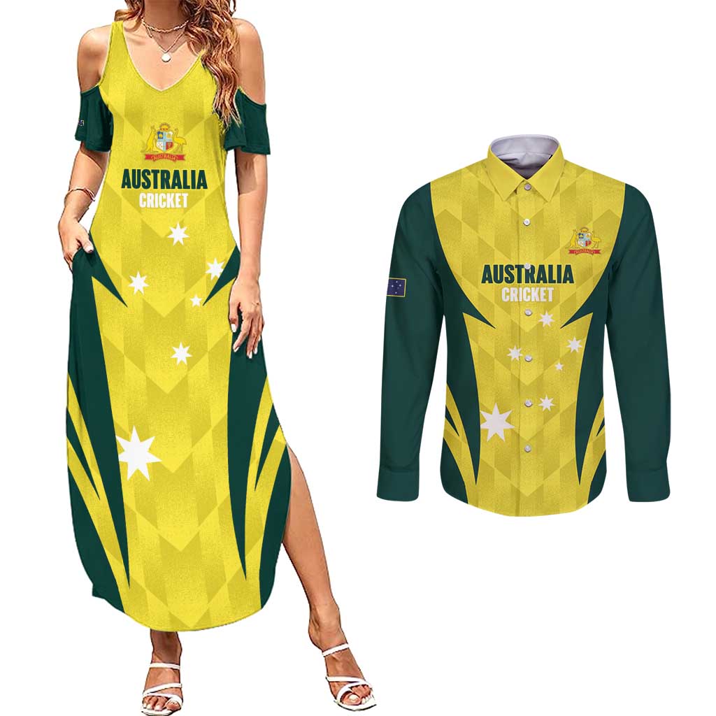 Australia Cricket Custom Couples Matching Summer Maxi Dress and Long Sleeve Button Shirt Go Aussie Dynamic Yellow - Aussie Hoodie