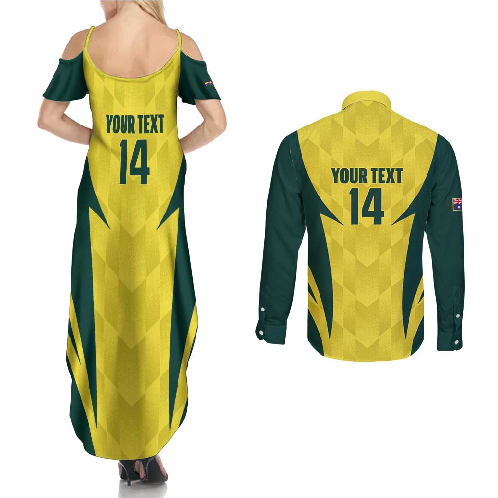 Australia Cricket Custom Couples Matching Summer Maxi Dress and Long Sleeve Button Shirt Go Aussie Dynamic Yellow - Aussie Hoodie