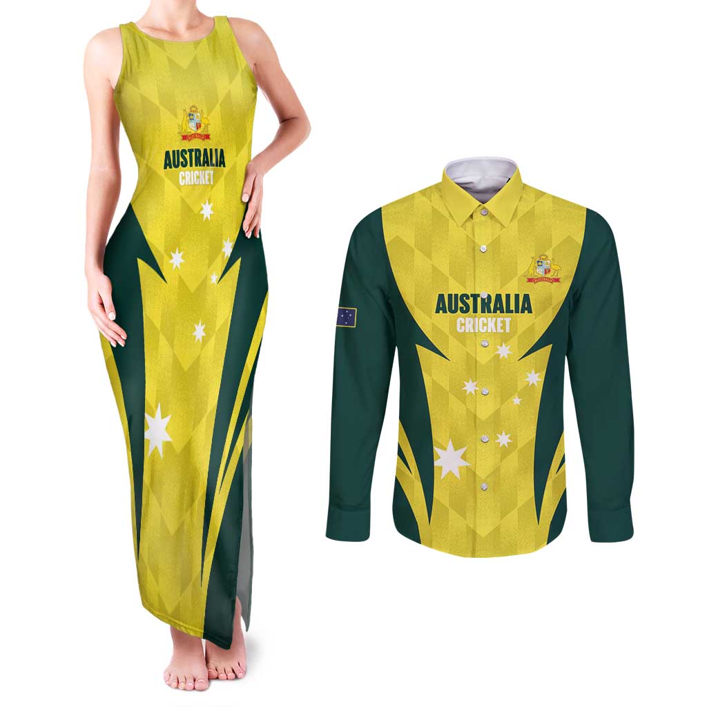 Australia Cricket Custom Couples Matching Tank Maxi Dress and Long Sleeve Button Shirt Go Aussie Dynamic Yellow - Aussie Hoodie