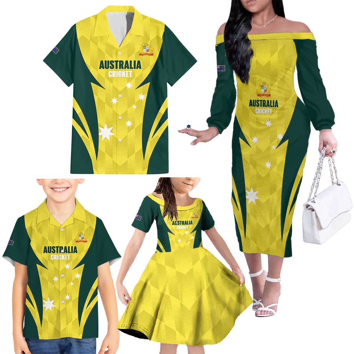 Australia Cricket Custom Family Matching Off The Shoulder Long Sleeve Dress and Hawaiian Shirt Go Aussie Dynamic Yellow - Aussie Hoodie