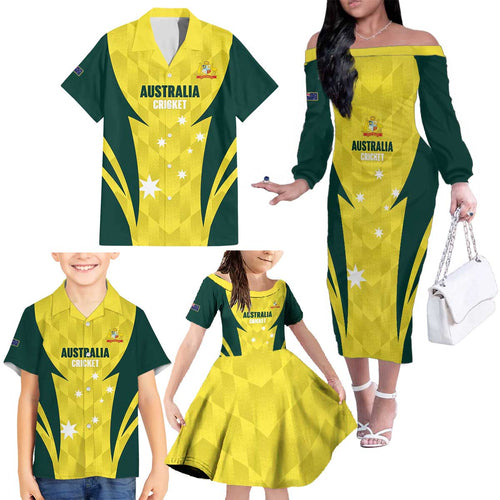 Australia Cricket Custom Family Matching Off The Shoulder Long Sleeve Dress and Hawaiian Shirt Go Aussie Dynamic Yellow - Aussie Hoodie