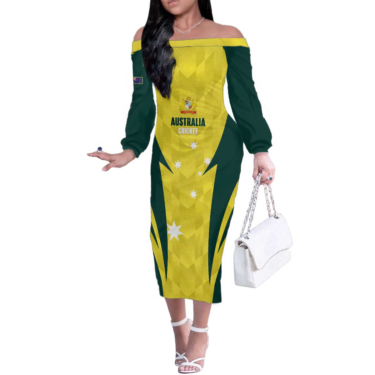 Australia Cricket Custom Family Matching Off The Shoulder Long Sleeve Dress and Hawaiian Shirt Go Aussie Dynamic Yellow - Aussie Hoodie