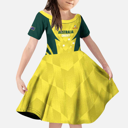 Australia Cricket Custom Kid Short Sleeve Dress Go Aussie Dynamic Yellow - Aussie Hoodie