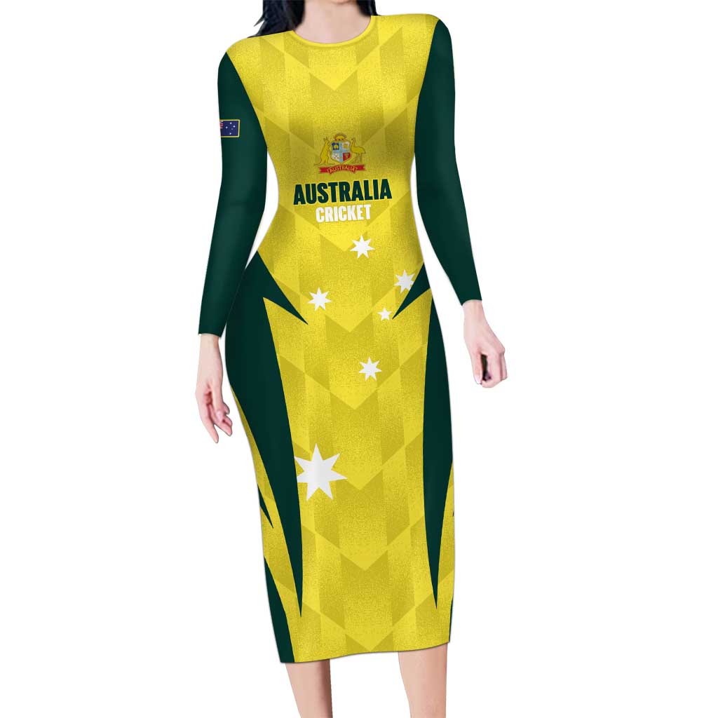 Australia Cricket Custom Long Sleeve Bodycon Dress Go Aussie Dynamic Yellow - Aussie Hoodie