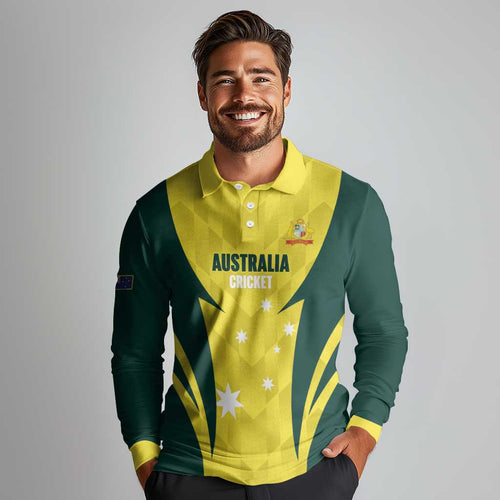 Australia Cricket Custom Long Sleeve Polo Shirt Go Aussie Dynamic Yellow - Aussie Hoodie