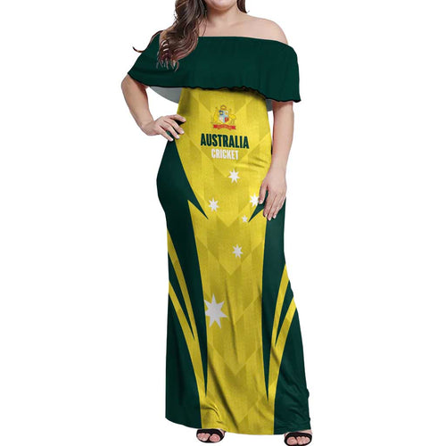 Australia Cricket Custom Off Shoulder Maxi Dress Go Aussie Dynamic Yellow - Aussie Hoodie