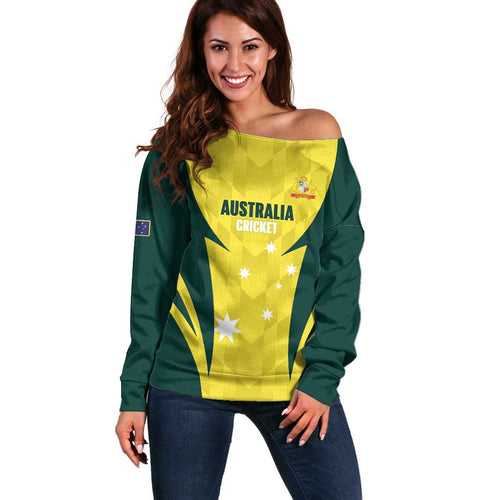 Australia Cricket Custom Off Shoulder Sweater Go Aussie Dynamic Yellow - Aussie Hoodie