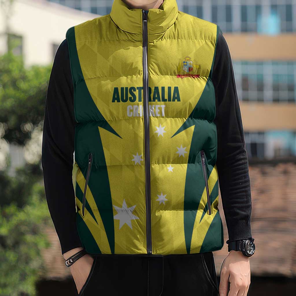 Australia Cricket Custom Sleeveless Puffer Jacket Go Aussie Dynamic Yellow - Aussie Hoodie