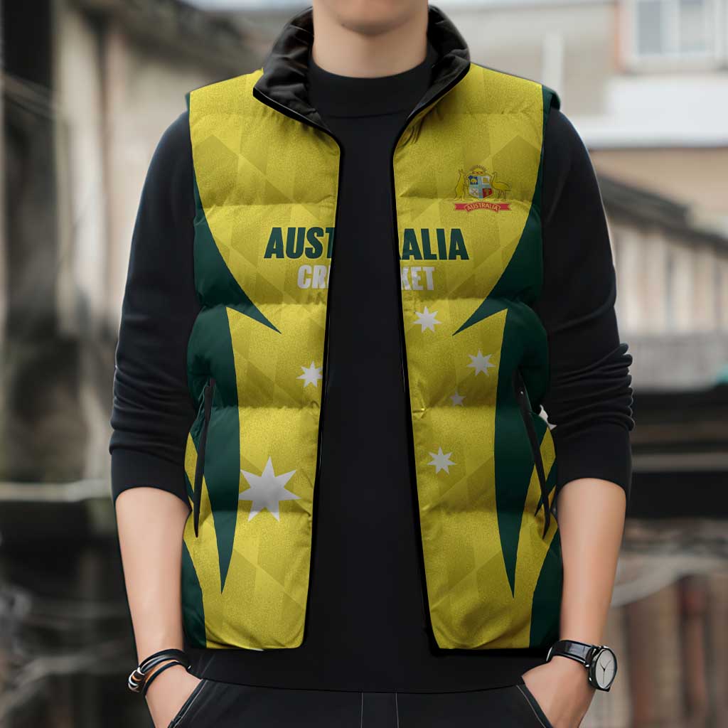 Australia Cricket Custom Sleeveless Puffer Jacket Go Aussie Dynamic Yellow - Aussie Hoodie