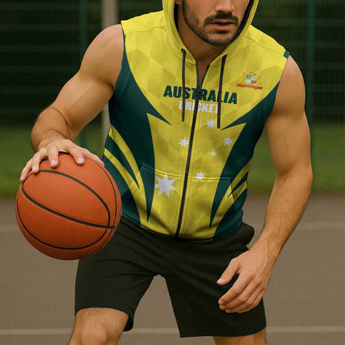 Australia Cricket Custom Sleeveless Zip Hoodie Go Aussie Dynamic Yellow LT14