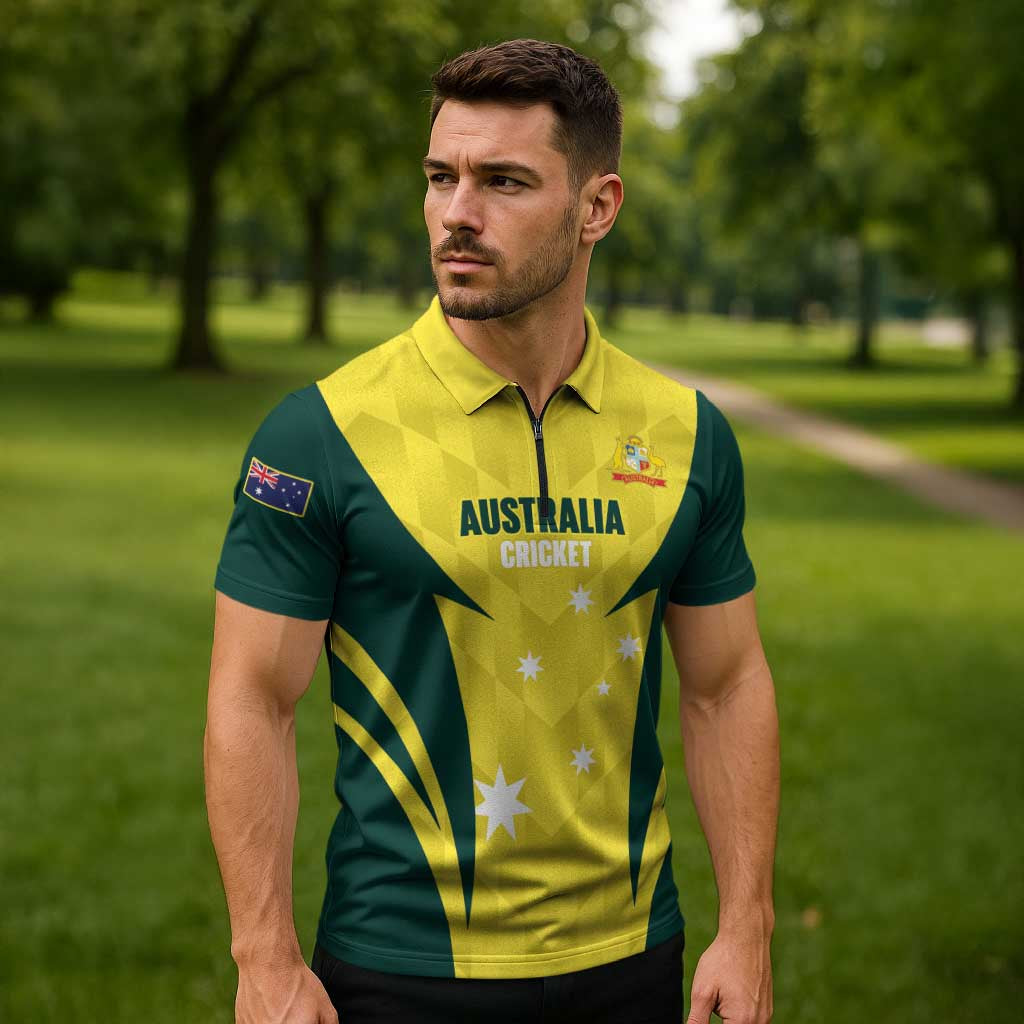 Australia Cricket Custom Zipper Polo Shirt Go Aussie Dynamic Yellow - Aussie Hoodie