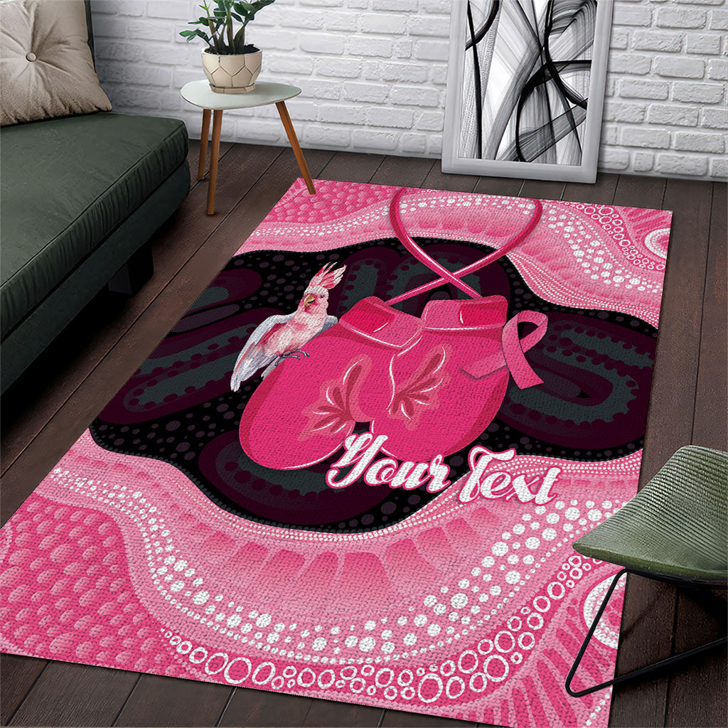 Personalised Australia Breast Cancer Awareness Area Rug Pink Cockatoo Fight Boxing Gloves Aboriginal Art
