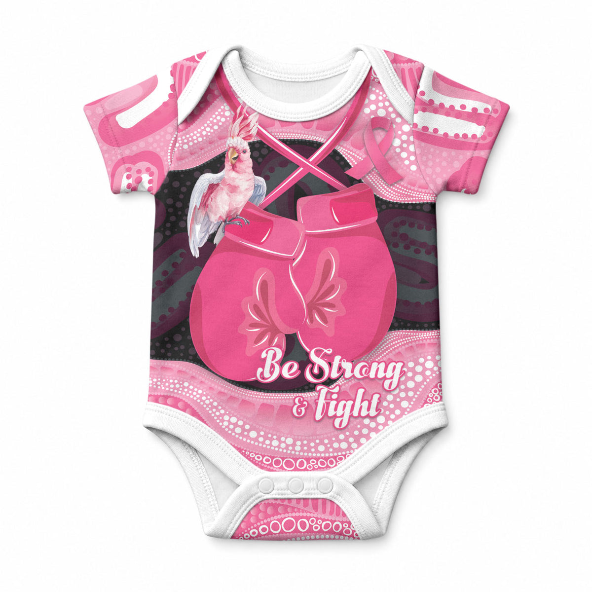 Personalised Australia Breast Cancer Awareness Baby Onesie Pink Cockatoo Fight Boxing Gloves Aboriginal Art