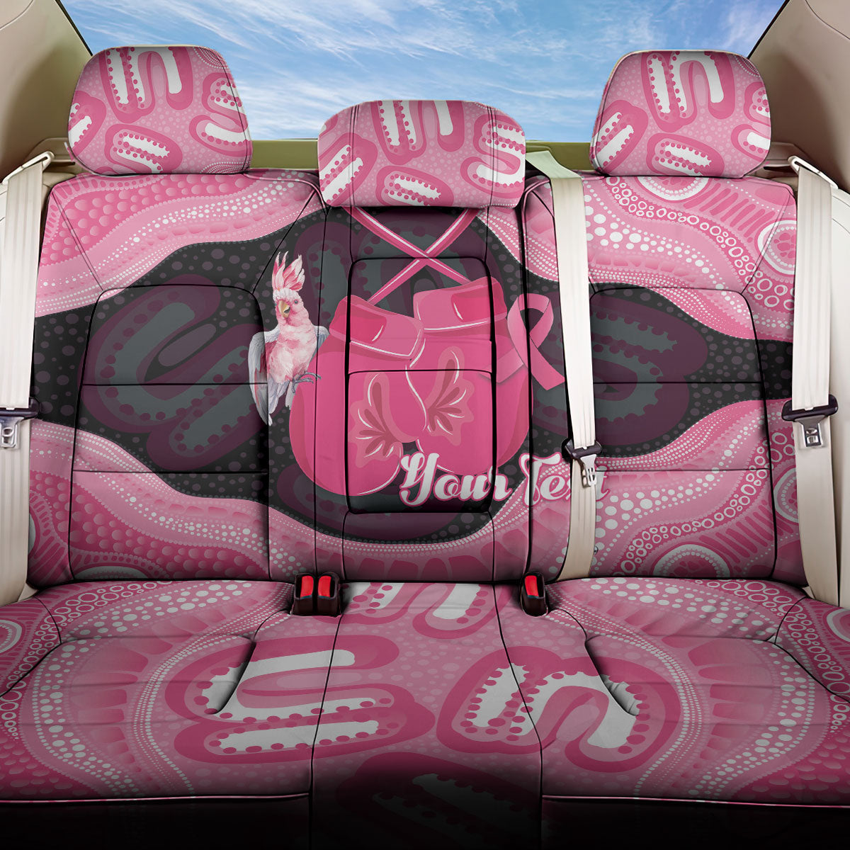 Personalised Australia Breast Cancer Awareness Back Car Seat Cover Pink Cockatoo Fight Boxing Gloves Aboriginal Art