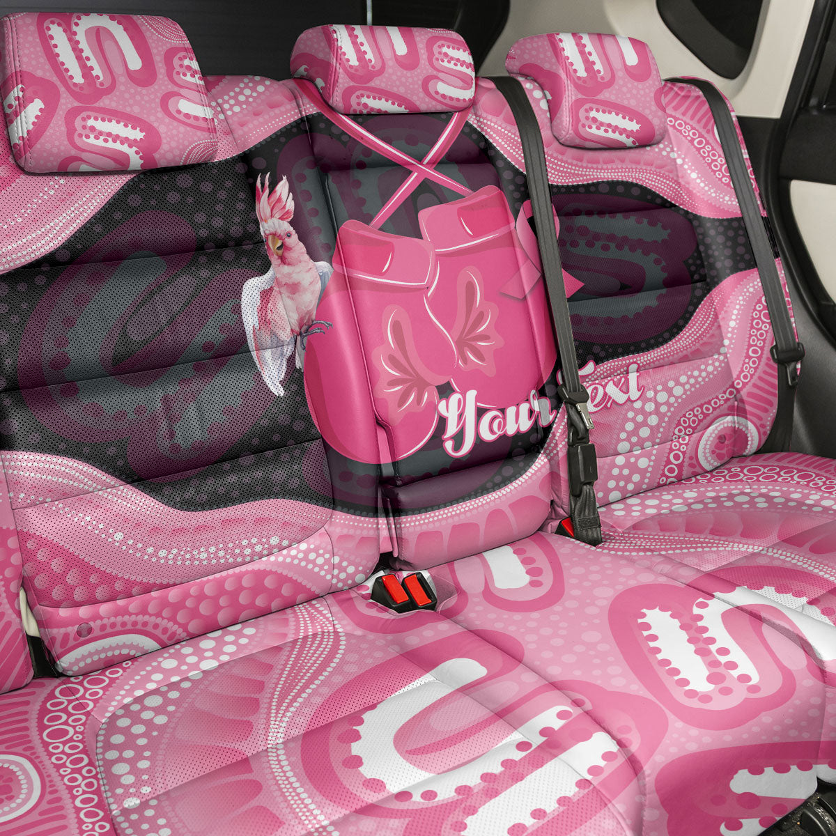 Personalised Australia Breast Cancer Awareness Back Car Seat Cover Pink Cockatoo Fight Boxing Gloves Aboriginal Art