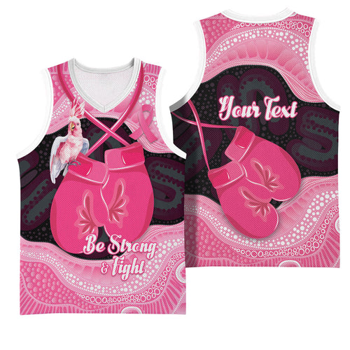 Personalised Australia Breast Cancer Awareness Basketball Jersey Pink Cockatoo Fight Boxing Gloves Aboriginal Art
