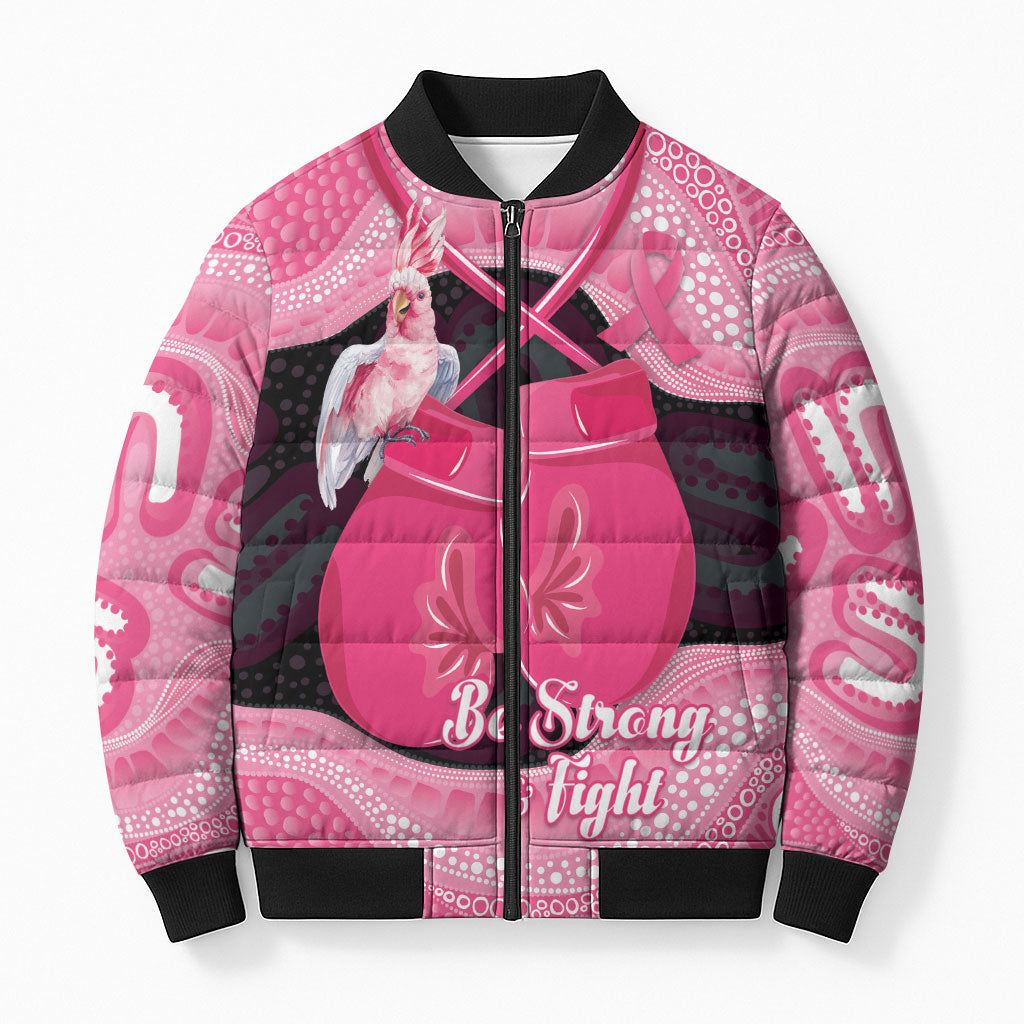 Personalised Australia Breast Cancer Awareness Bomber Puffer Jacket Pink Cockatoo Fight Boxing Gloves Aboriginal Art