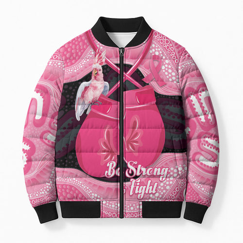 Personalised Australia Breast Cancer Awareness Bomber Puffer Jacket Pink Cockatoo Fight Boxing Gloves Aboriginal Art