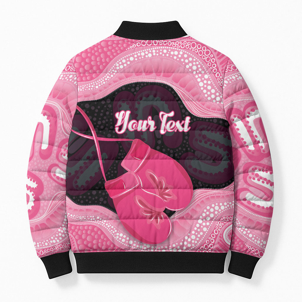Personalised Australia Breast Cancer Awareness Bomber Puffer Jacket Pink Cockatoo Fight Boxing Gloves Aboriginal Art