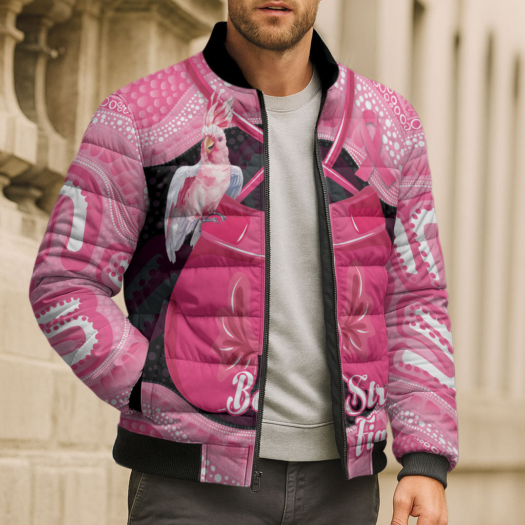 Personalised Australia Breast Cancer Awareness Bomber Puffer Jacket Pink Cockatoo Fight Boxing Gloves Aboriginal Art