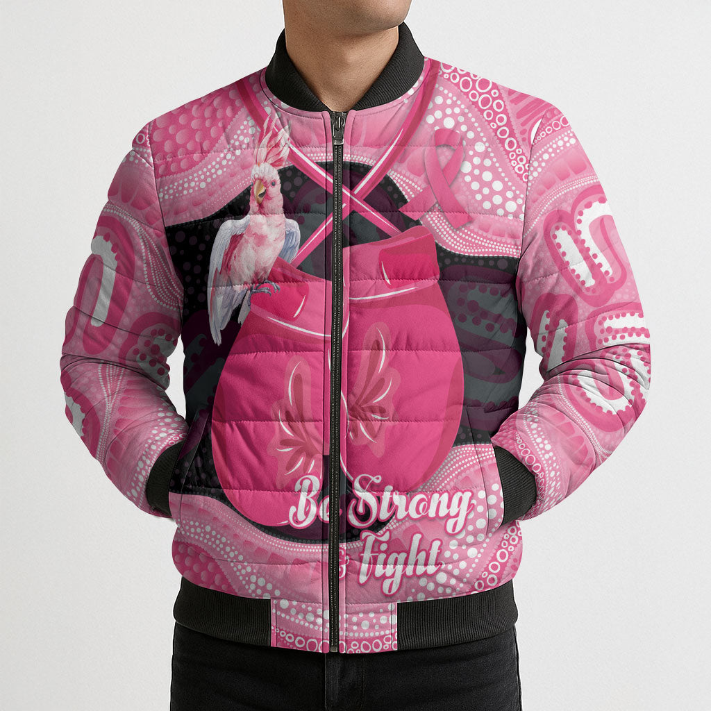 Personalised Australia Breast Cancer Awareness Bomber Puffer Jacket Pink Cockatoo Fight Boxing Gloves Aboriginal Art
