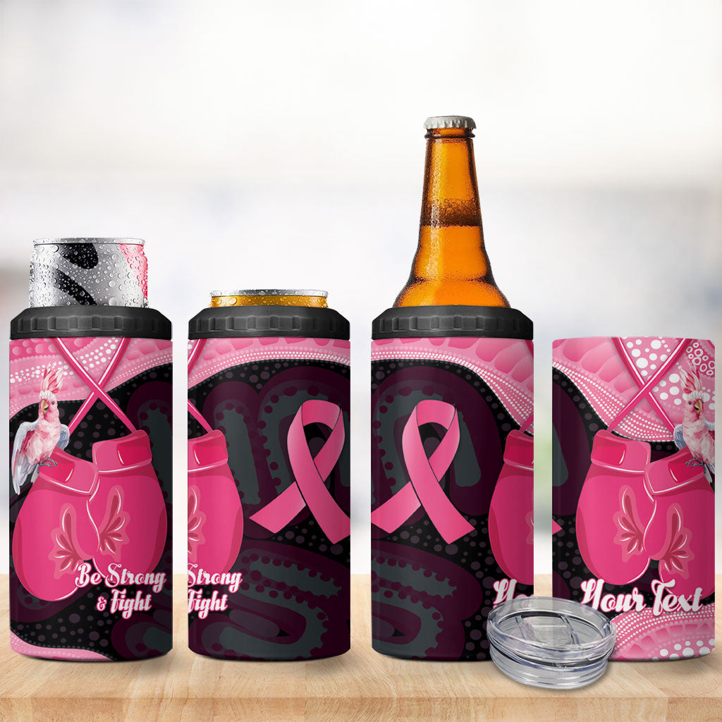 Personalised Australia Breast Cancer Awareness 4 in 1 Can Cooler Tumbler Pink Cockatoo Fight Boxing Gloves Aboriginal Art