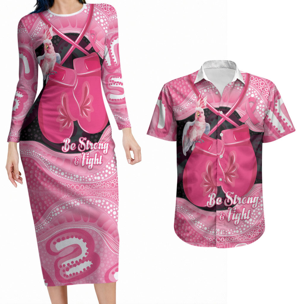 Personalised Australia Breast Cancer Awareness Couples Matching Long Sleeve Bodycon Dress and Hawaiian Shirt Pink Cockatoo Fight Boxing Gloves Aboriginal Art