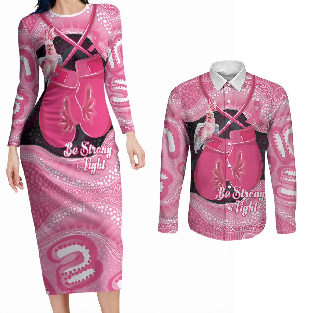 Personalised Australia Breast Cancer Awareness Couples Matching Long Sleeve Bodycon Dress and Long Sleeve Button Shirt Pink Cockatoo Fight Boxing Gloves Aboriginal Art