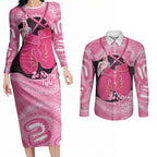 Personalised Australia Breast Cancer Awareness Couples Matching Long Sleeve Bodycon Dress and Long Sleeve Button Shirt Pink Cockatoo Fight Boxing Gloves Aboriginal Art