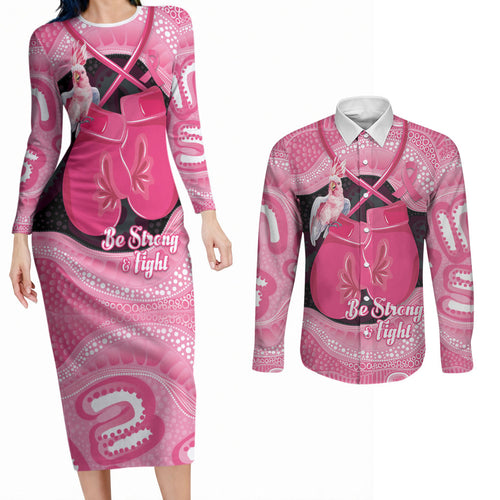 Personalised Australia Breast Cancer Awareness Couples Matching Long Sleeve Bodycon Dress and Long Sleeve Button Shirt Pink Cockatoo Fight Boxing Gloves Aboriginal Art