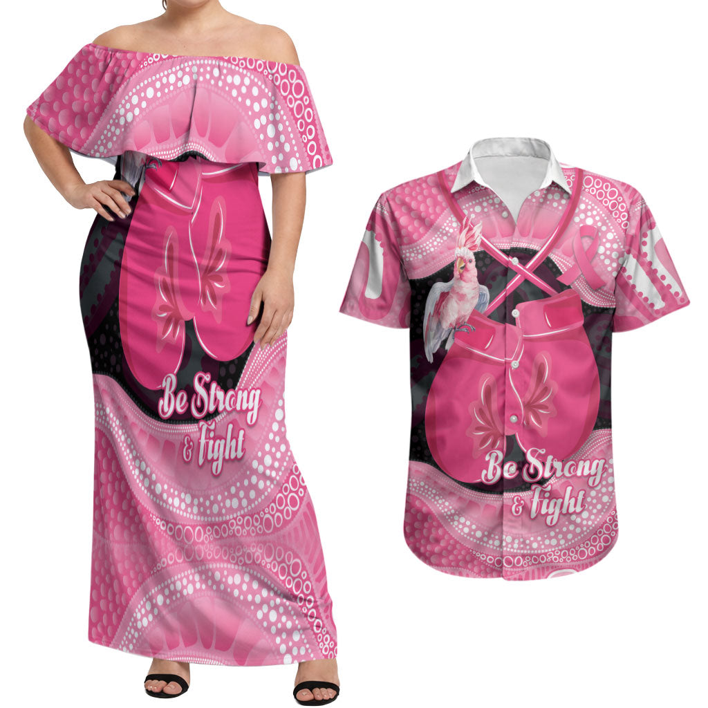 Personalised Australia Breast Cancer Awareness Couples Matching Off Shoulder Maxi Dress and Hawaiian Shirt Pink Cockatoo Fight Boxing Gloves Aboriginal Art