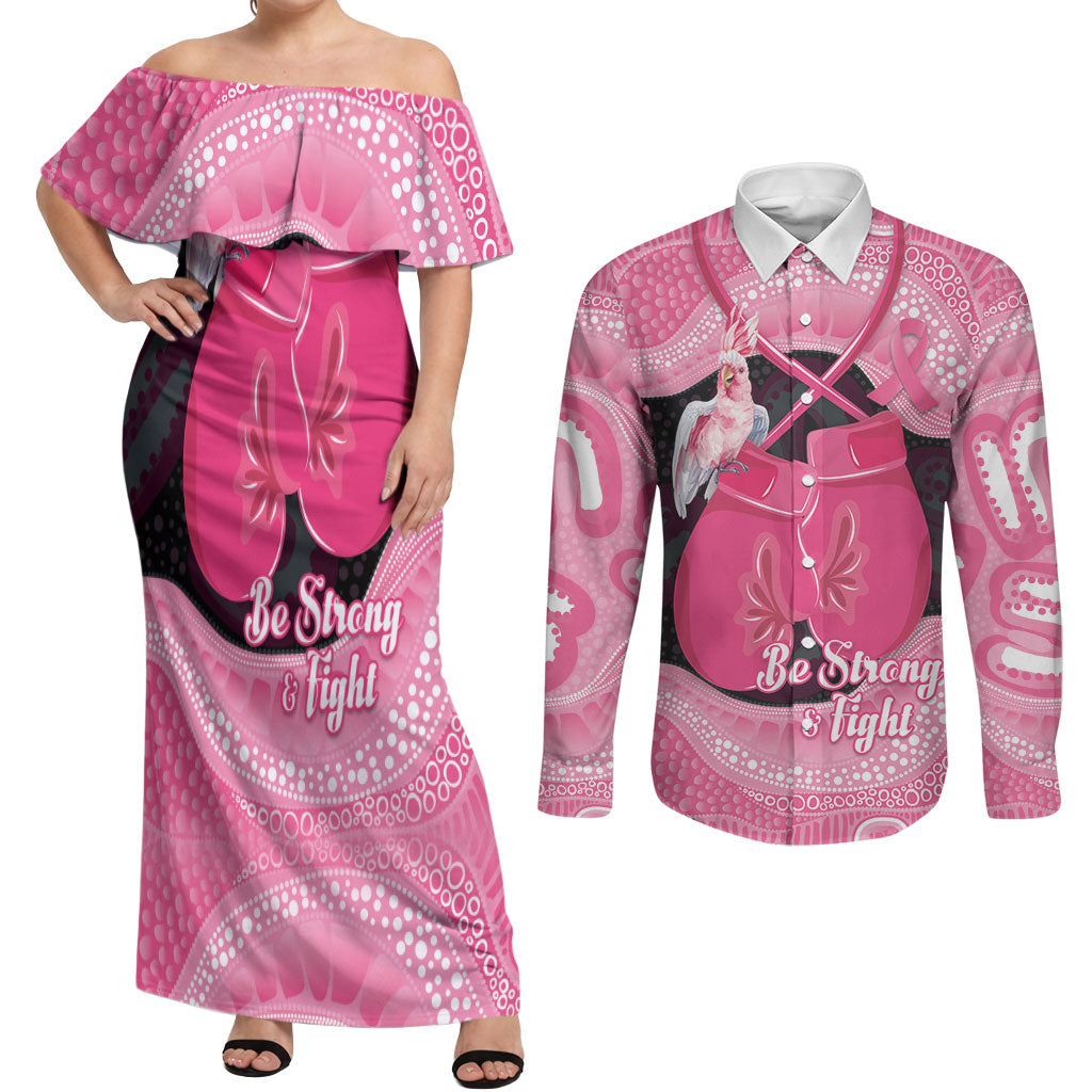 Personalised Australia Breast Cancer Awareness Couples Matching Off Shoulder Maxi Dress and Long Sleeve Button Shirt Pink Cockatoo Fight Boxing Gloves Aboriginal Art